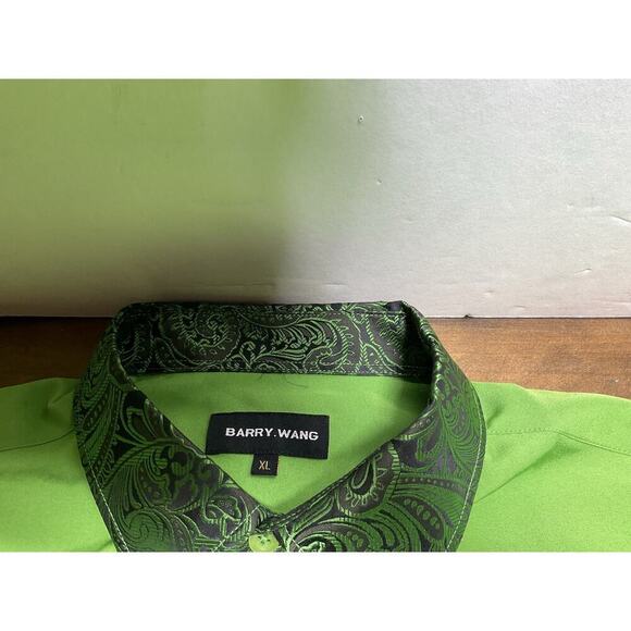 Barry Wang Green Paisley Long Sleeve Mens Shirt Button Party Business Shirt - Picture 6 of 9